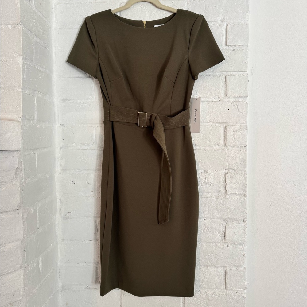 Calvin Klein Belted Sheath Dress Olive Brown Size 4 NWT